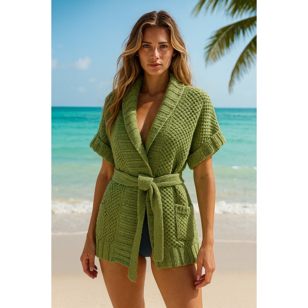 Lilly Pulitzer Olive Green Knit Belted Short Sleeve‎ Cashmere Blend Cardigan
